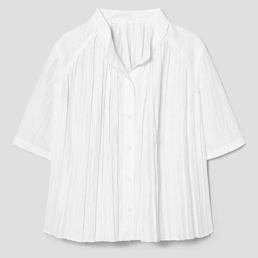KUHO [Crease Series] Linen Blend Pleats Half-Sleeved Blouse - White