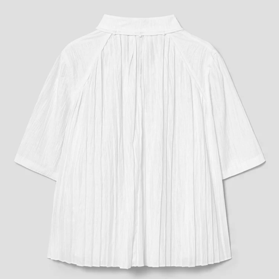 KUHO [Crease Series] Linen Blend Pleats Half-Sleeved Blouse - White