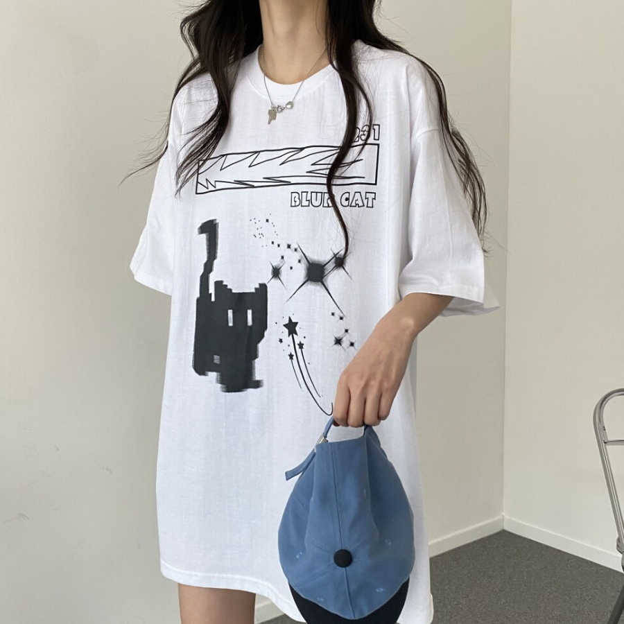 Overfit Blur Cat Printing Short Sleeve T-shirt