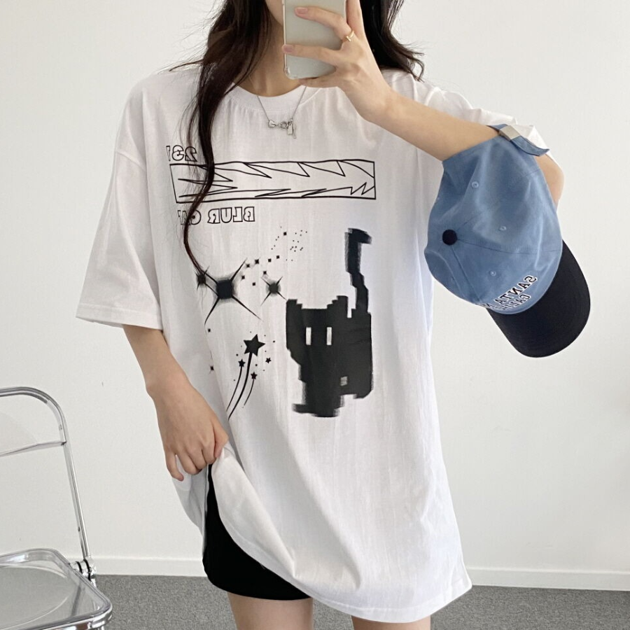 Overfit Blur Cat Printing Short Sleeve T-shirt
