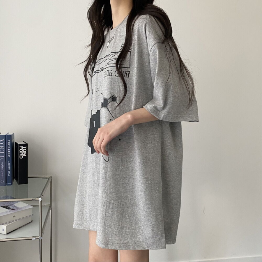 Overfit Blur Cat Printing Short Sleeve T-shirt