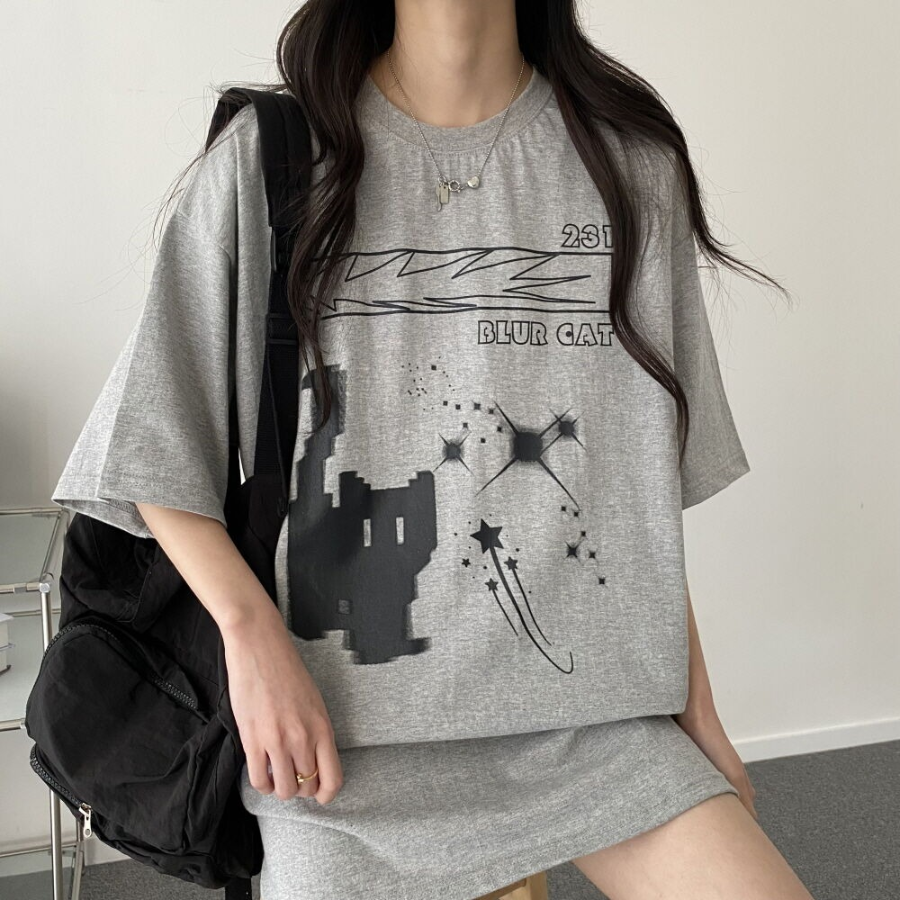 Overfit Blur Cat Printing Short Sleeve T-shirt