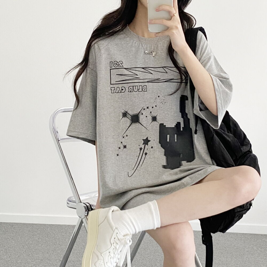 Overfit Blur Cat Printing Short Sleeve T-shirt