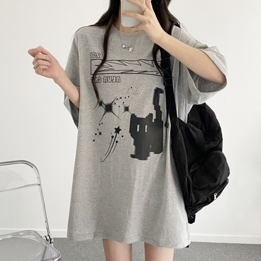 Overfit Blur Cat Printing Short Sleeve T-shirt