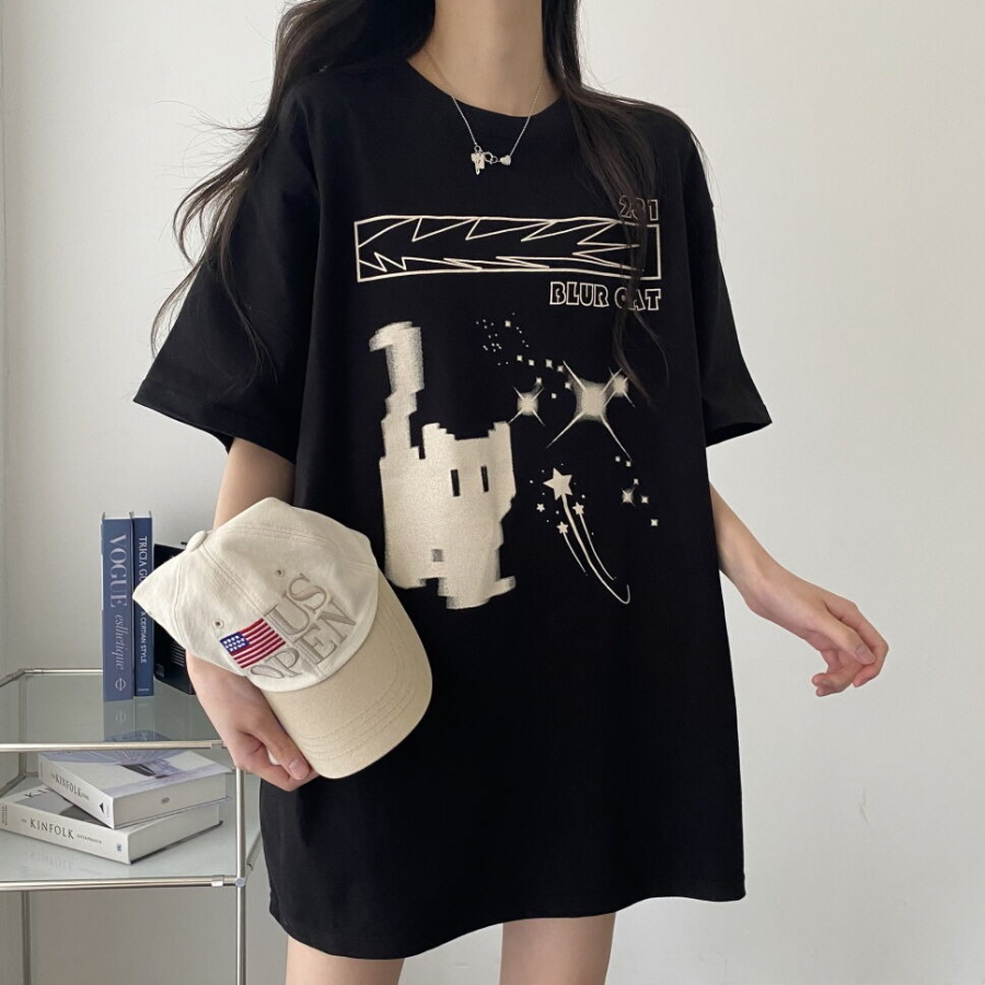 Overfit Blur Cat Printing Short Sleeve T-shirt