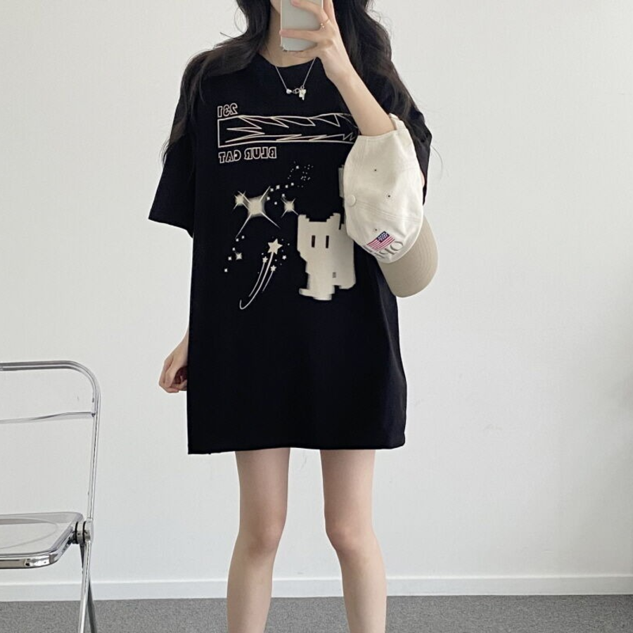 Overfit Blur Cat Printing Short Sleeve T-shirt