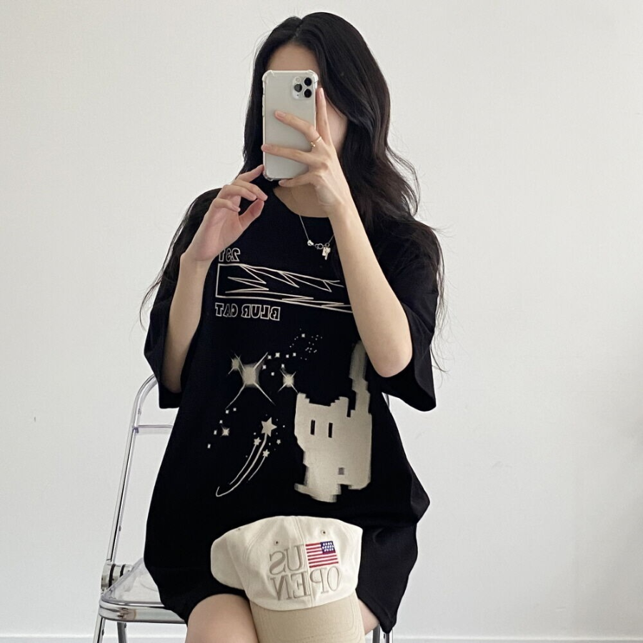 Overfit Blur Cat Printing Short Sleeve T-shirt