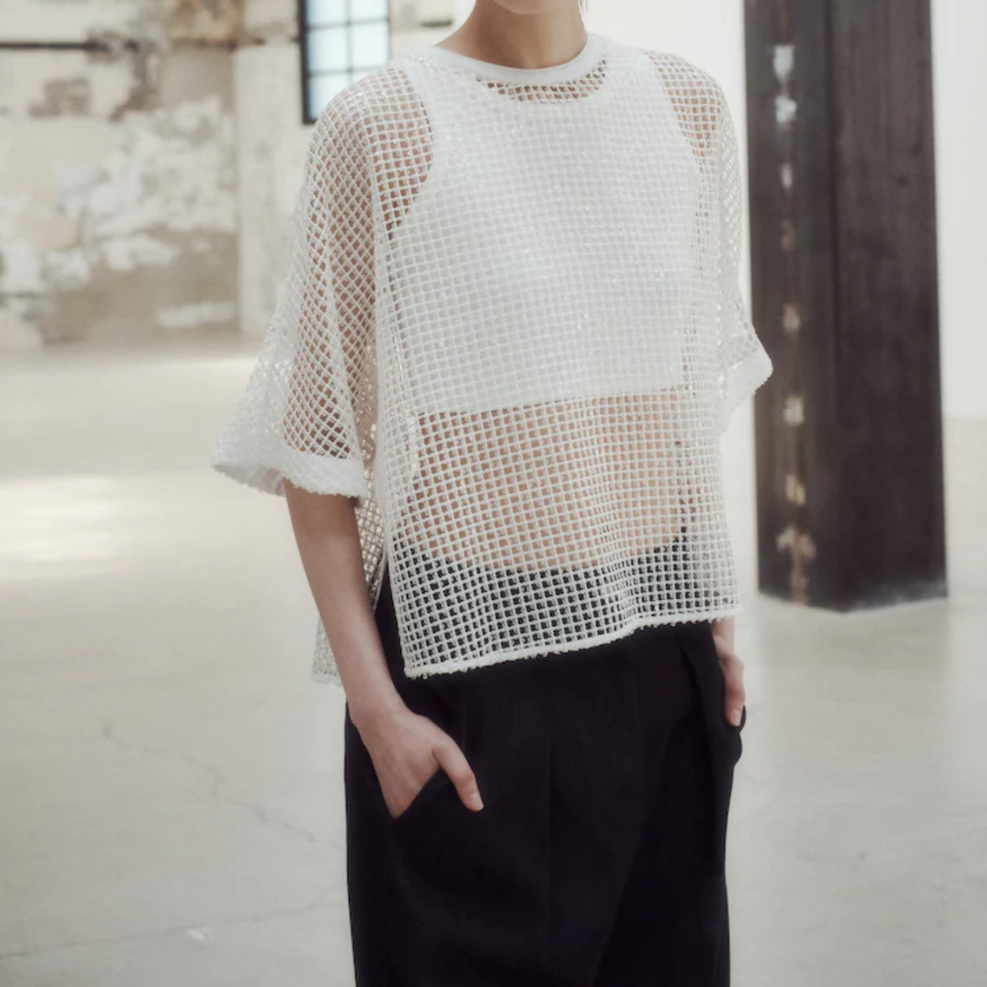 KUHO Spangle Point Mesh Blouse – White