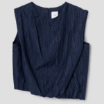 KUHO [Crease Series] Linen Blend Pleats Sleeveless Blouse - Navy