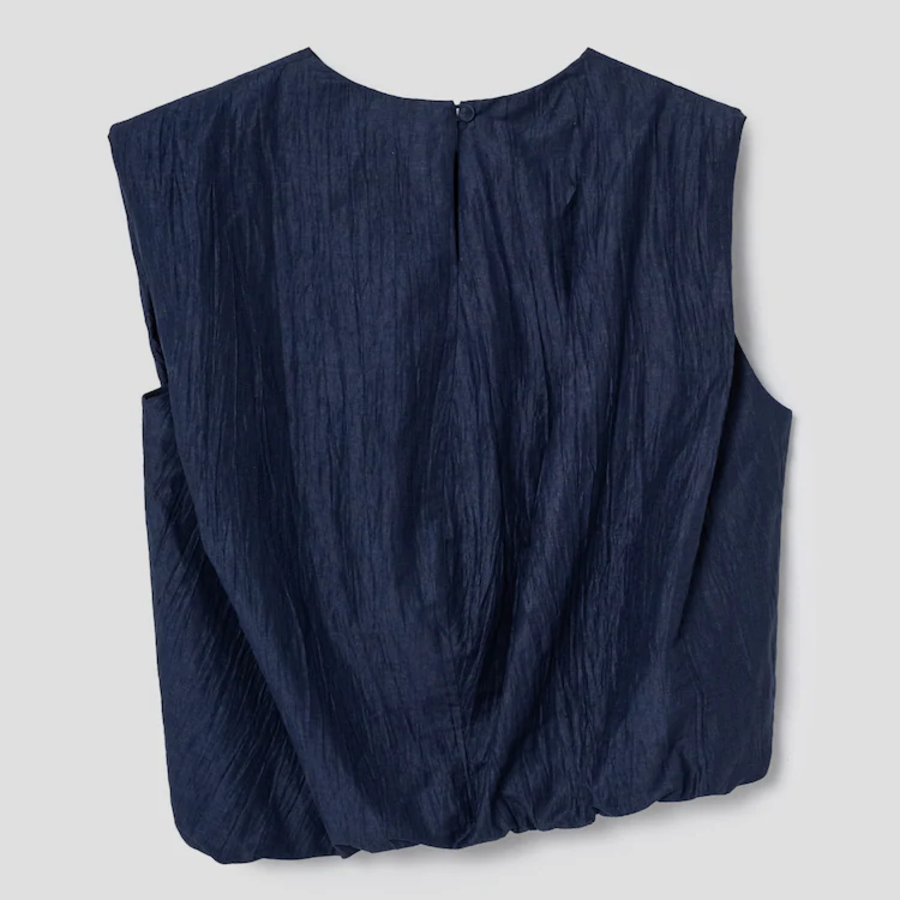 KUHO [Crease Series] Linen Blend Pleats Sleeveless Blouse - Navy