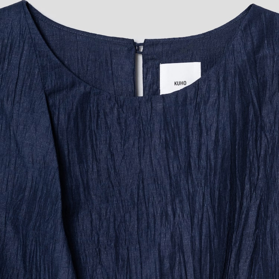 KUHO [Crease Series] Linen Blend Pleats Sleeveless Blouse - Navy