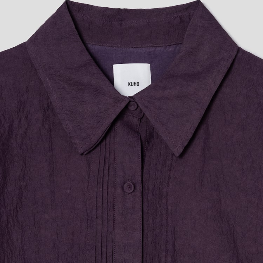 KUHO Linen Blended Collar Neck Short-Sleeved Blouse – Purple