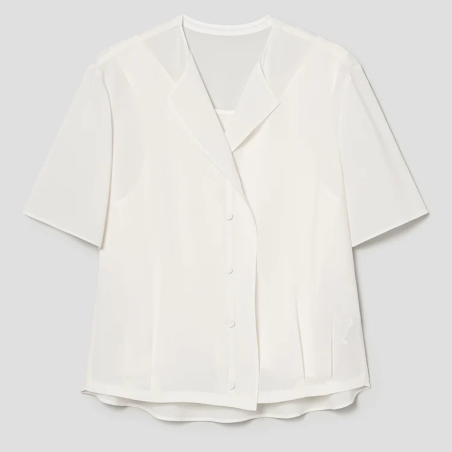 KUHO [Edit] Polyblend Short-Sleeved Button-Up Blouse - White