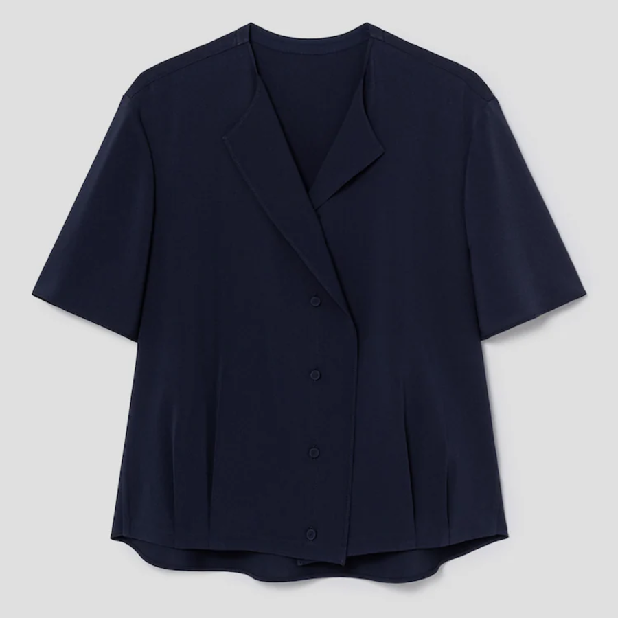 KUHO [Edit] Polyblend Short-Sleeved Button-Up Blouse - Navy