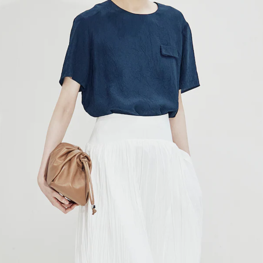 KUHO [Crease Series] Round Neck Blouse - Navy