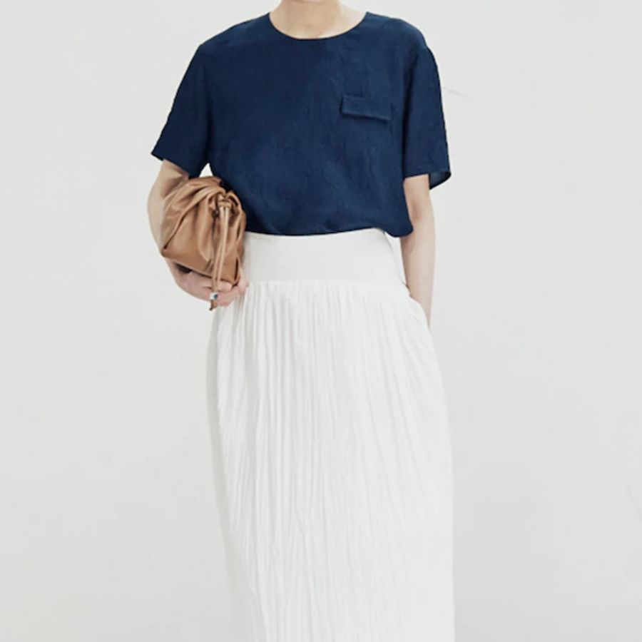 KUHO [Crease Series] Round Neck Blouse - Navy