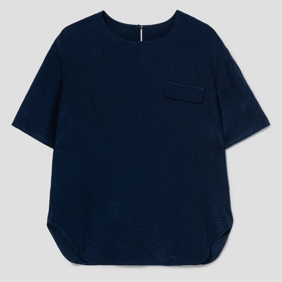 KUHO [Crease Series] Round Neck Blouse - Navy
