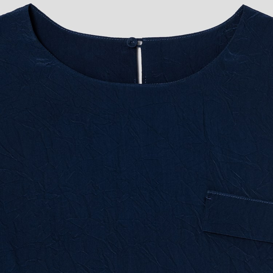 KUHO [Crease Series] Round Neck Blouse - Navy