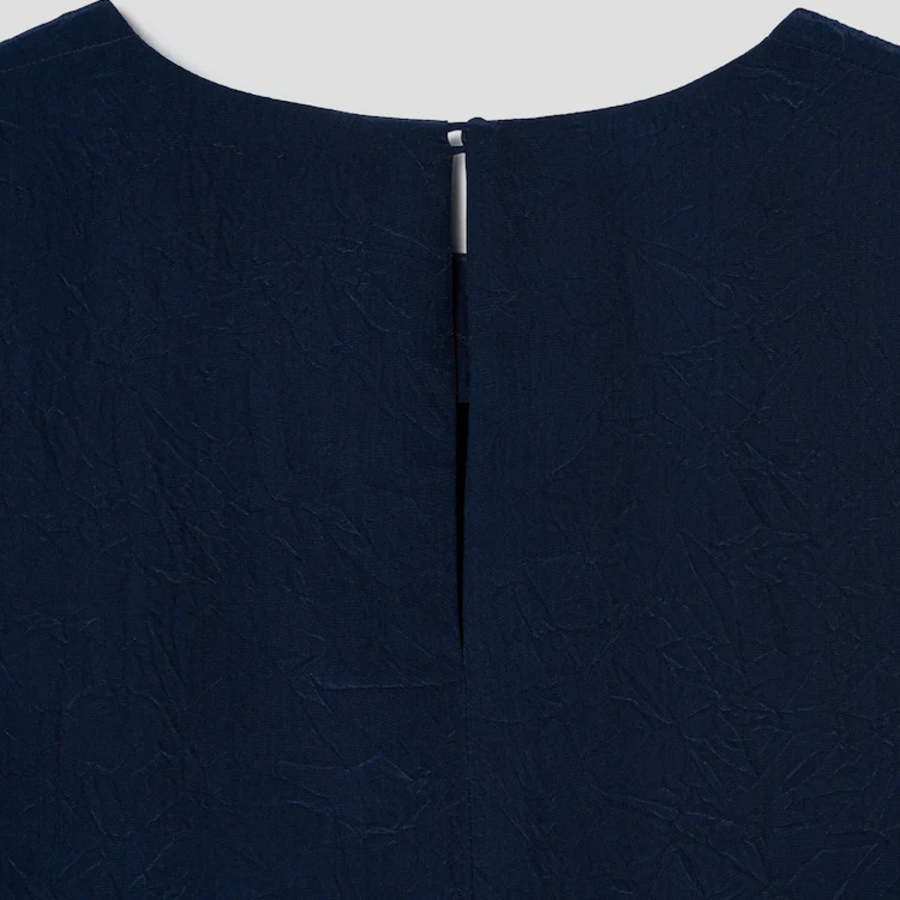 KUHO [Crease Series] Round Neck Blouse - Navy