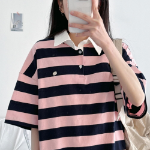 Pendant Unisex Oversized Stripe Collar Short Sleeve T-Shirt