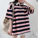 Pendant Unisex Oversized Stripe Collar Short Sleeve T-Shirt