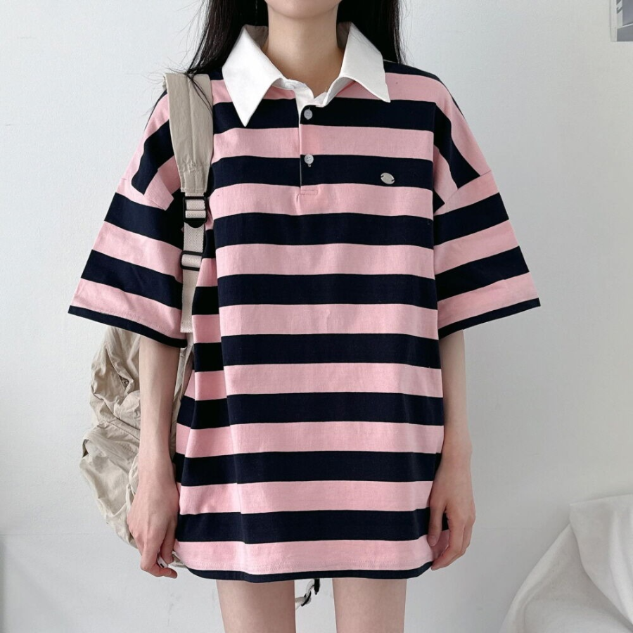 Pendant Unisex Oversized Stripe Collar Short Sleeve T-Shirt