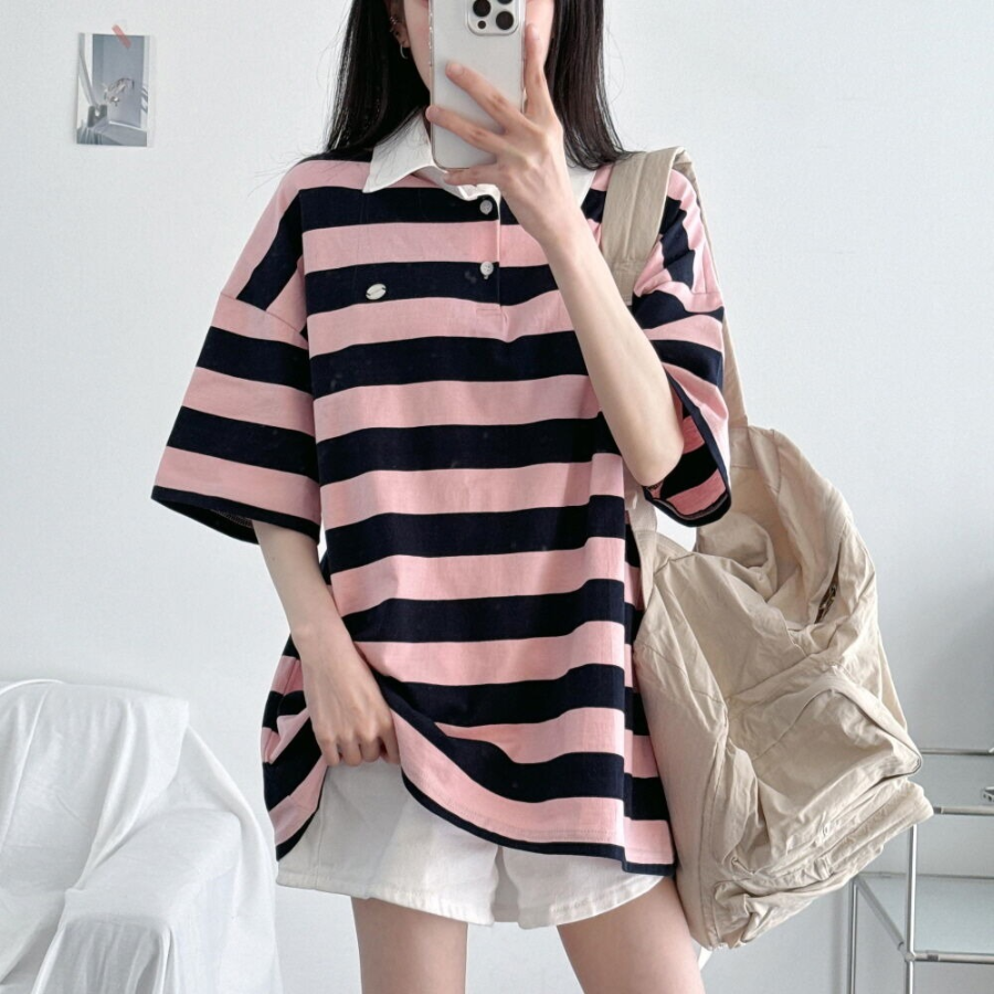 Pendant Unisex Oversized Stripe Collar Short Sleeve T-Shirt