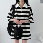 Pendant Unisex Oversized Stripe Collar Short Sleeve T-Shirt