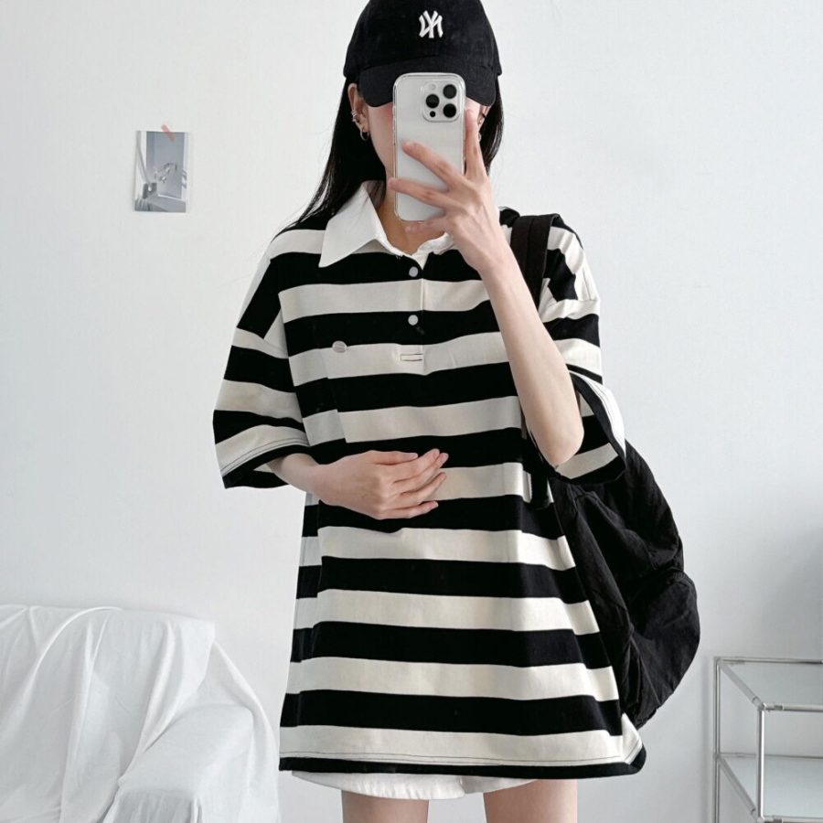 Pendant Unisex Oversized Stripe Collar Short Sleeve T-Shirt