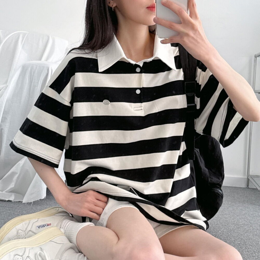 Pendant Unisex Oversized Stripe Collar Short Sleeve T-Shirt