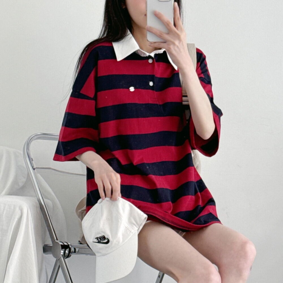 Pendant Unisex Oversized Stripe Collar Short Sleeve T-Shirt