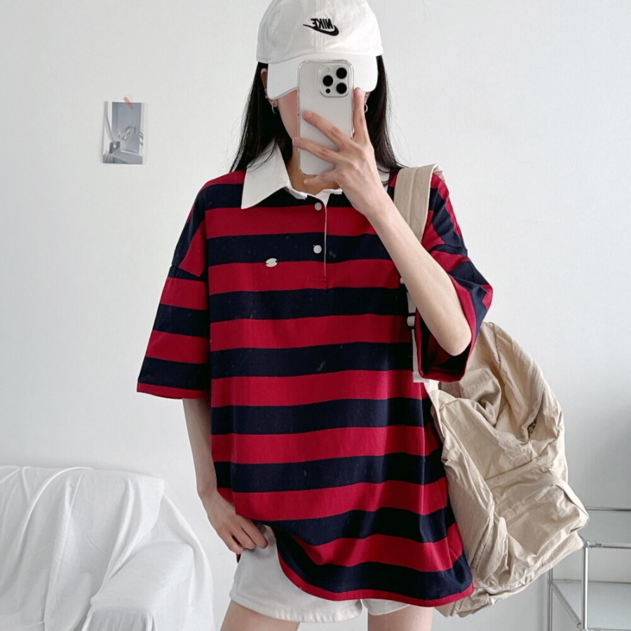 Pendant Unisex Oversized Stripe Collar Short Sleeve T-Shirt