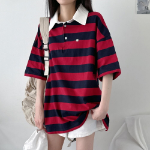 Pendant Unisex Oversized Stripe Collar Short Sleeve T-Shirt