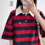 Pendant Unisex Oversized Stripe Collar Short Sleeve T-Shirt