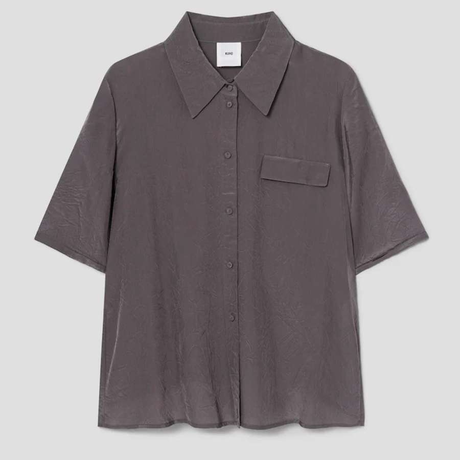 KUHO [Crease Series] Collar Neck Half-Sleeved Blouse – Purple