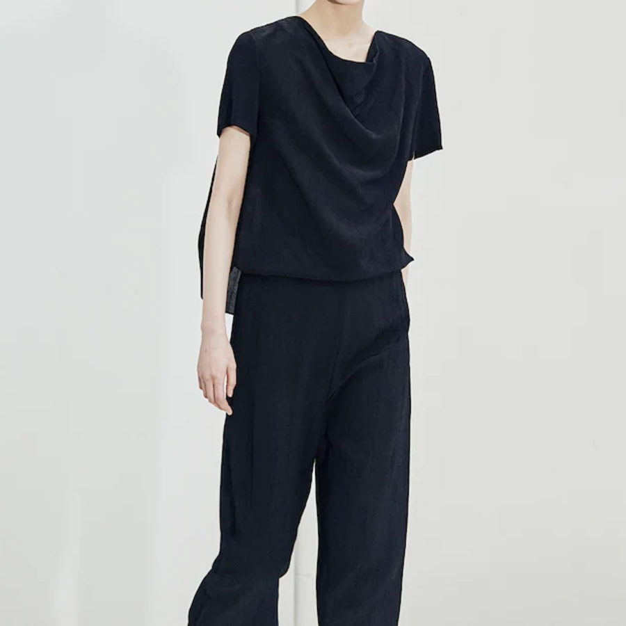 KUHO [Crease Series] Cowl Neck Short-Sleeve Blouse - Black