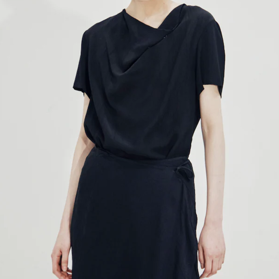 KUHO [Crease Series] Cowl Neck Short-Sleeve Blouse - Black