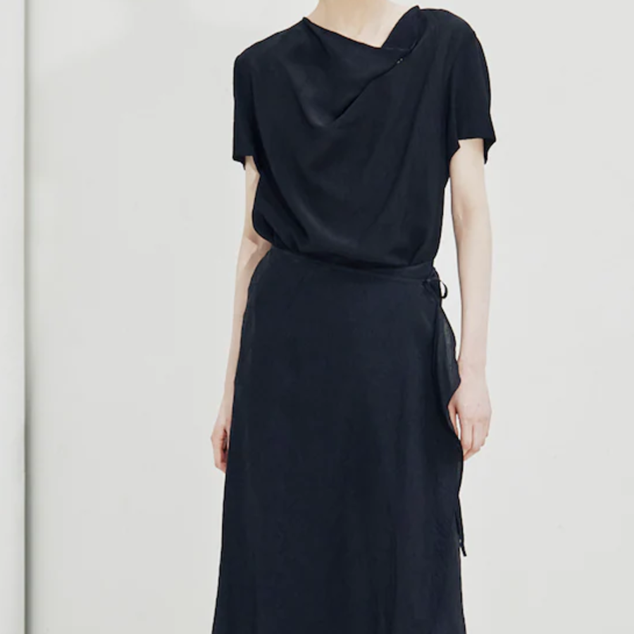 KUHO [Crease Series] Cowl Neck Short-Sleeve Blouse - Black