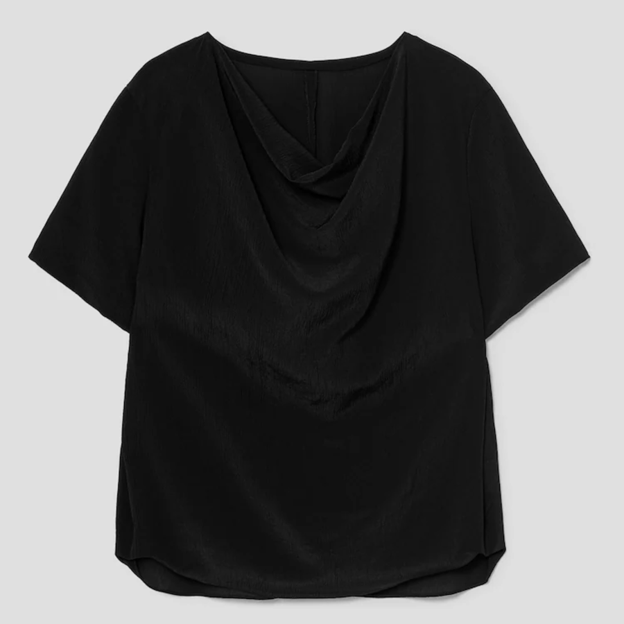 KUHO [Crease Series] Cowl Neck Short-Sleeve Blouse - Black