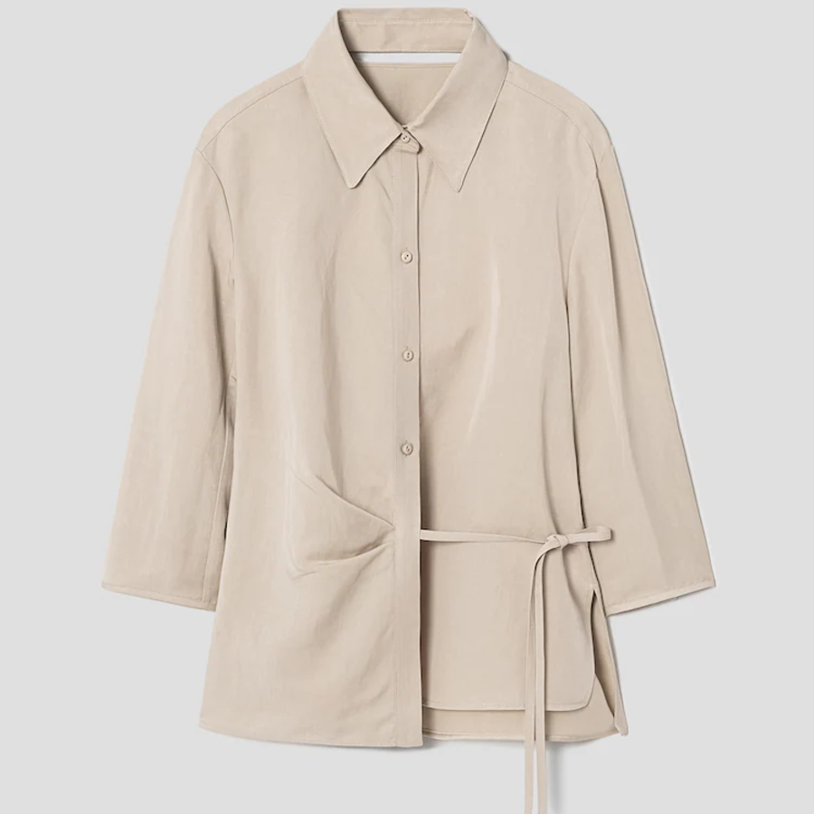 KUHO Collar Neck Wrap Style Blouse - Beige