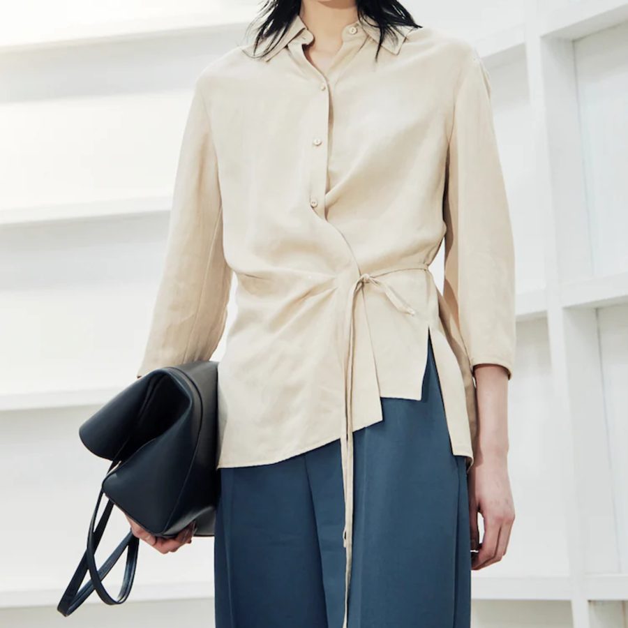 KUHO Collar Neck Wrap Style Blouse - Beige