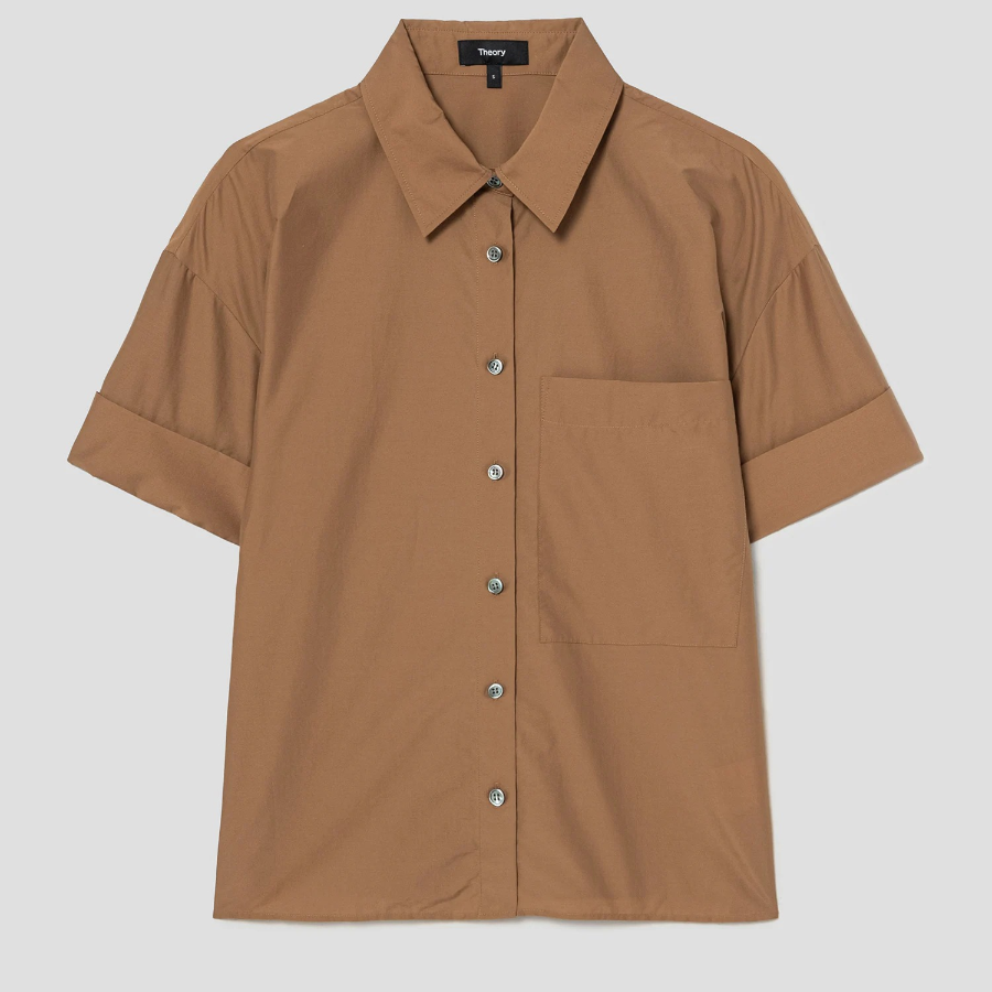 Theory Women Soft Lawn Cuff Pocket Shirt — Bronze