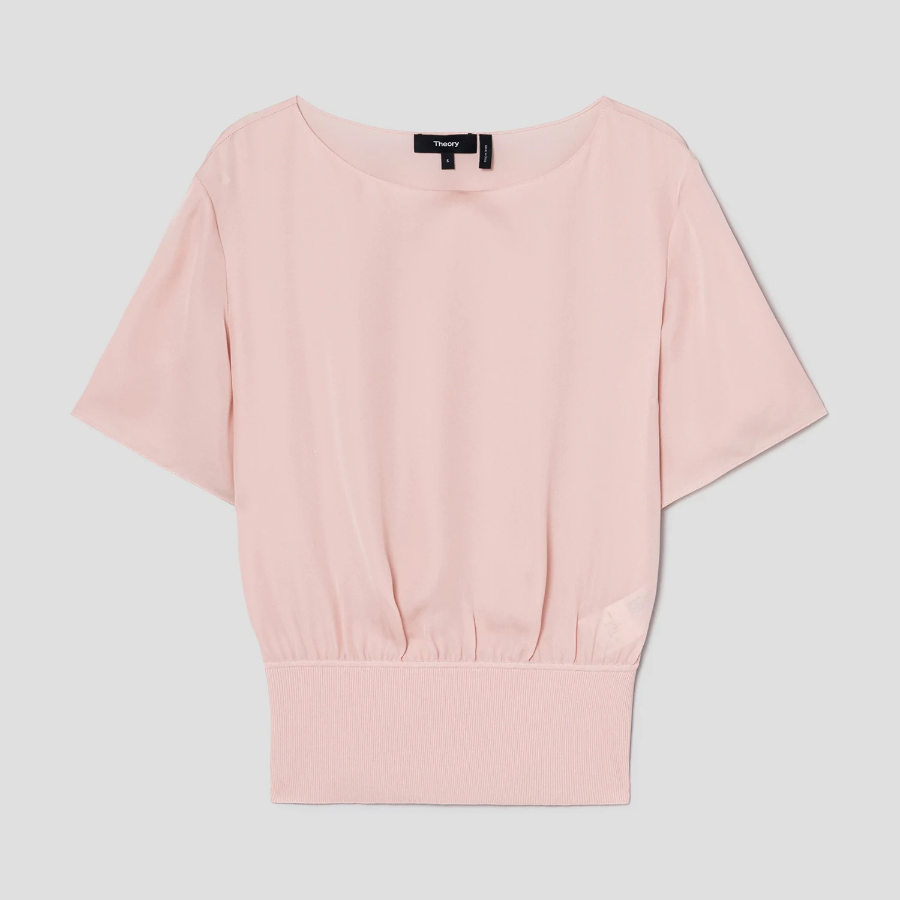 Theory Women Silk Combo Rib Waistband Shortsleevetop - Pink Sand