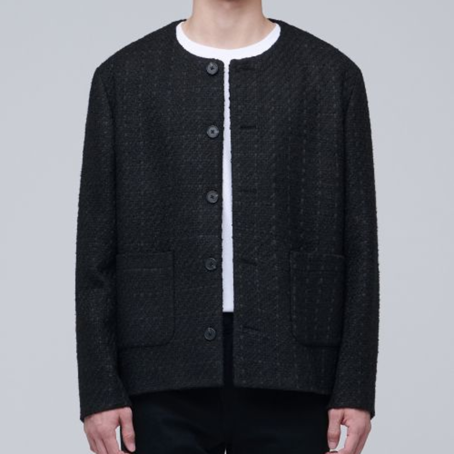 Round Neck Tweed Jacket — Black