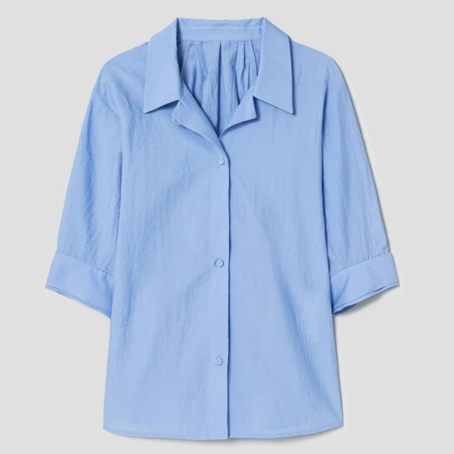 KUHO Open Collar Short-Sleeve Blouse - Blue