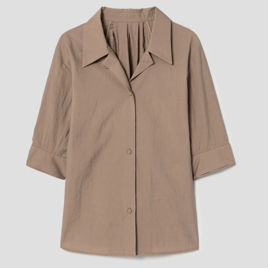 KUHO Open Collar Short-Sleeve Blouse - Beige