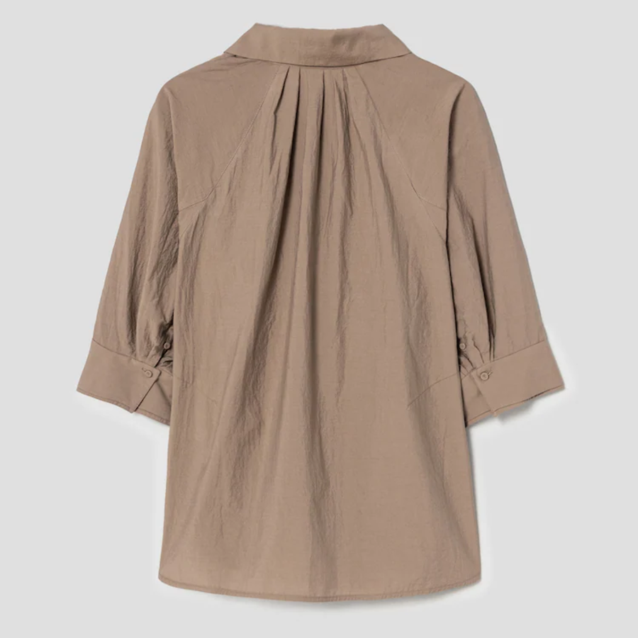 KUHO Open Collar Short-Sleeve Blouse - Beige