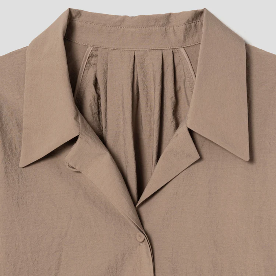 KUHO Open Collar Short-Sleeve Blouse - Beige