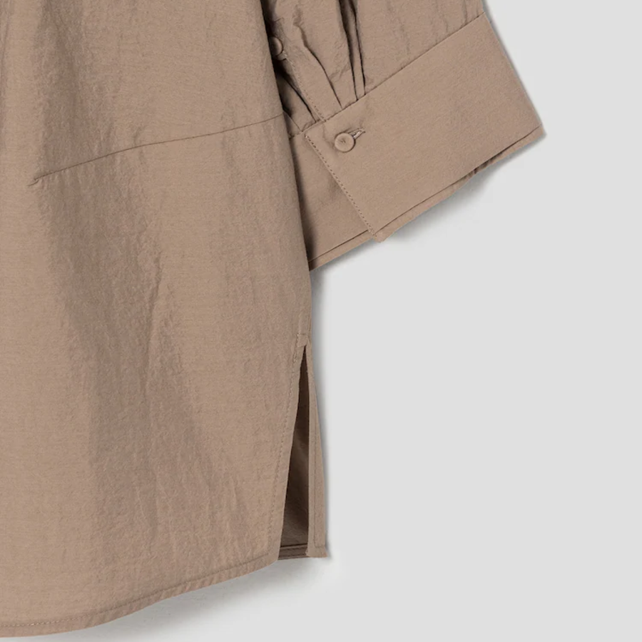 KUHO Open Collar Short-Sleeve Blouse - Beige