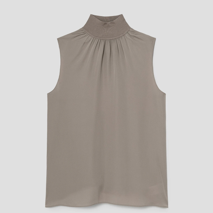 Theory Women Silk Combo Rib Neck Shell Top - Soft Taupe